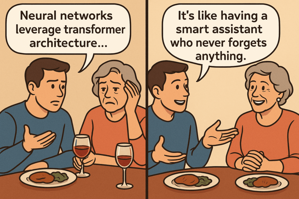 The Mother Test for explaining AI - technical jargon vs simple analogies when explaining AI to non-technical audiences