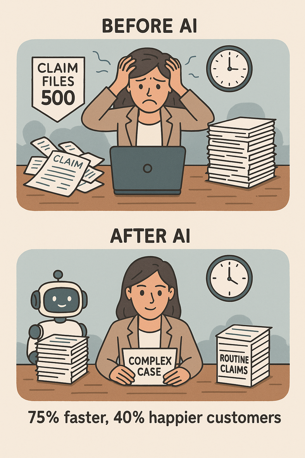 Before and after AI implementation in insurance claims - real example of explaining AI to non-technical audiences