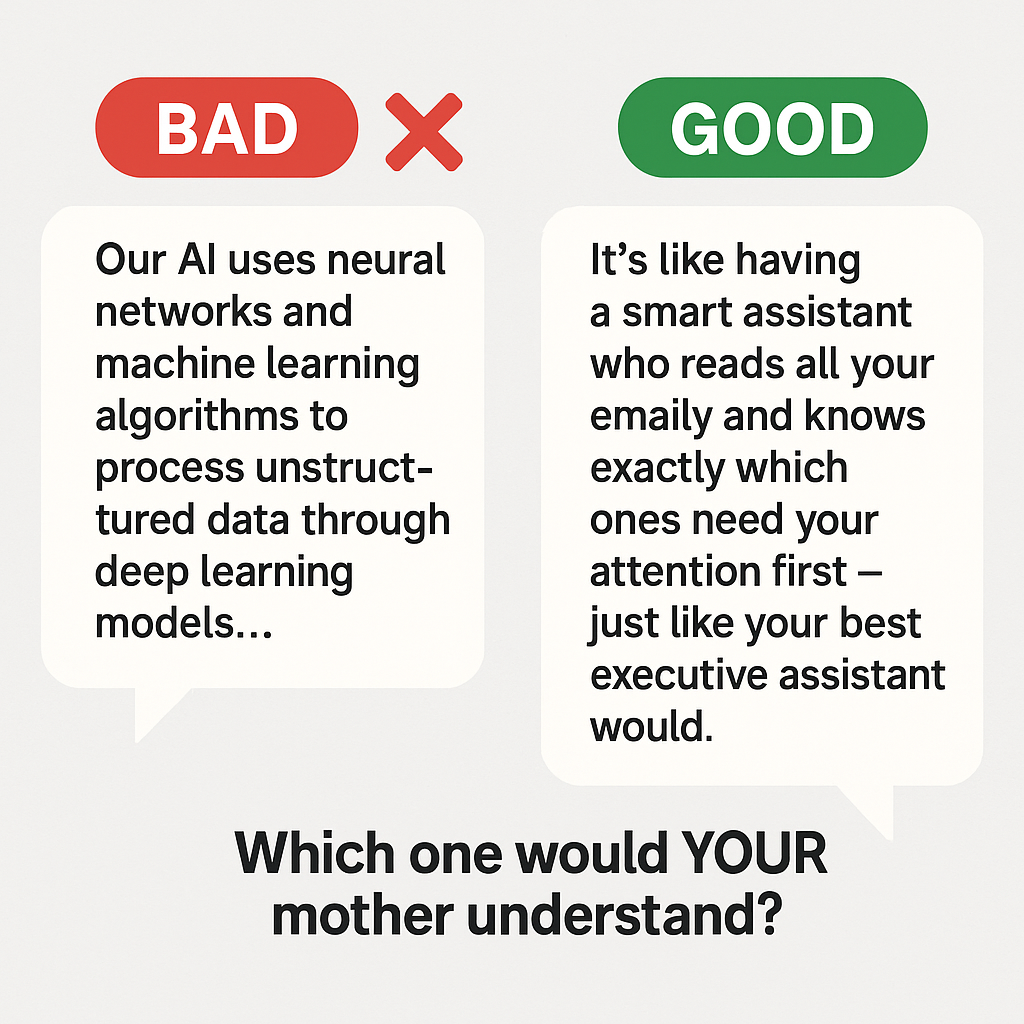 Comparison of technical jargon vs simple analogy for explaining AI to non-technical audiences